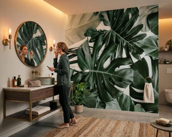 Monstera leaf wall mural, tropical wallpaper, botanical wall art, home decor, self adhesive peel and stick or traditional vinyl