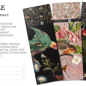 May include: Three vertical wallpaper samples measuring 84x29.7cm or 33x11.7 inches. The left panel features a green parrot on a black background. The center panel shows a bird and pink flowers on a light background. The right panel displays a rabbit and butterfly on a black background.