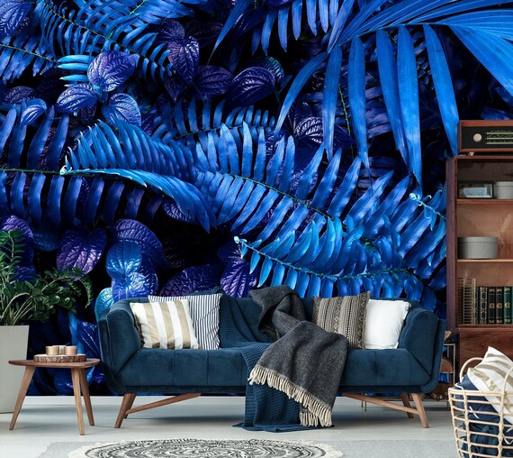 Exotic Wallpaper With Blue Leaves Peel and Stick Botanical - Etsy UK Exotic Wallpaper With Blue Leaves Peel and Stick Botanical - Etsy UK