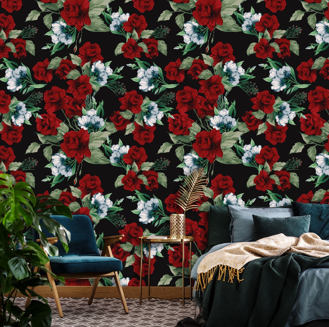 Red Bouquet Wallpaper, Peel and Stick Wallpaper, Watercolor Wallpaper ...