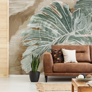 Artistic tropical wallpaper, grunge wallpaper, green leaf mural, self adhesive, peel and stick, removable or traditional, vinyl wallpaper