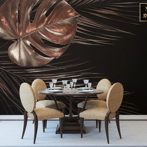 Elegant leaf dark wall mural, peel and stick removable wallpaper, tropical palm leaves on black background, leaf print, wall decor
