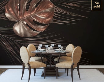 Elegante donkere muurschildering met blad, verwijderbaar behang met afbladder en plak, tropische palmbladeren op zwarte achtergrond, bladafdruk, wanddecoratie