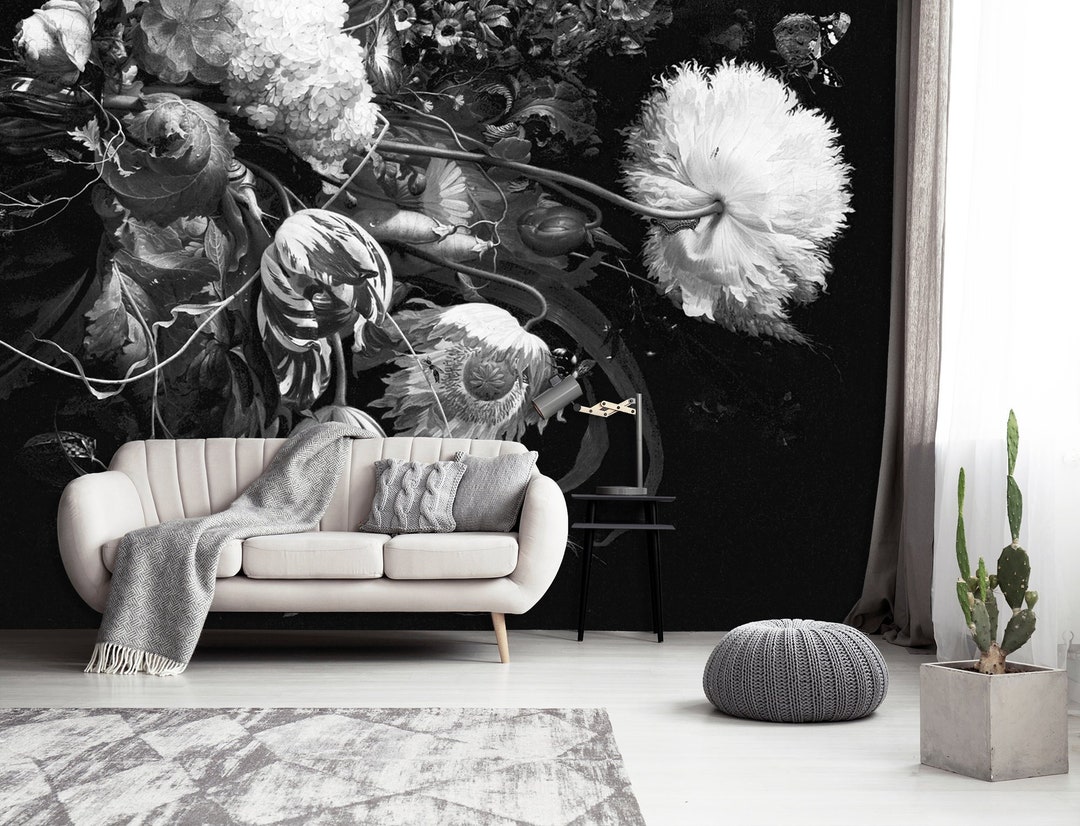 Dark Floral Art Wallpaper, Peel and Stick Wall Mural, Black and White ...