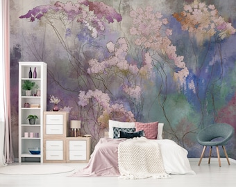 Wildflowers wallpaper, floral, modern style, self adhesive, peel and stick, removable or traditional, vinyl wallpaper