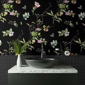 Carta da parati floreale nera, stampa botanica su sfondo nero, autoadesiva, stacca e incolla, rimovibile o tradizionale, carta da parati in vinile