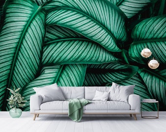 Green leaves wall mural, peel and stick removable wallpaper, tropical wallpaper, leaf print, leaf wallpaper, home decor