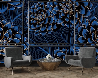 Papel tapiz floral de lujo, mural de pared de flores azules, autoadhesivo, despegable y pegable, extraíble o tradicional, papel tapiz de vinilo