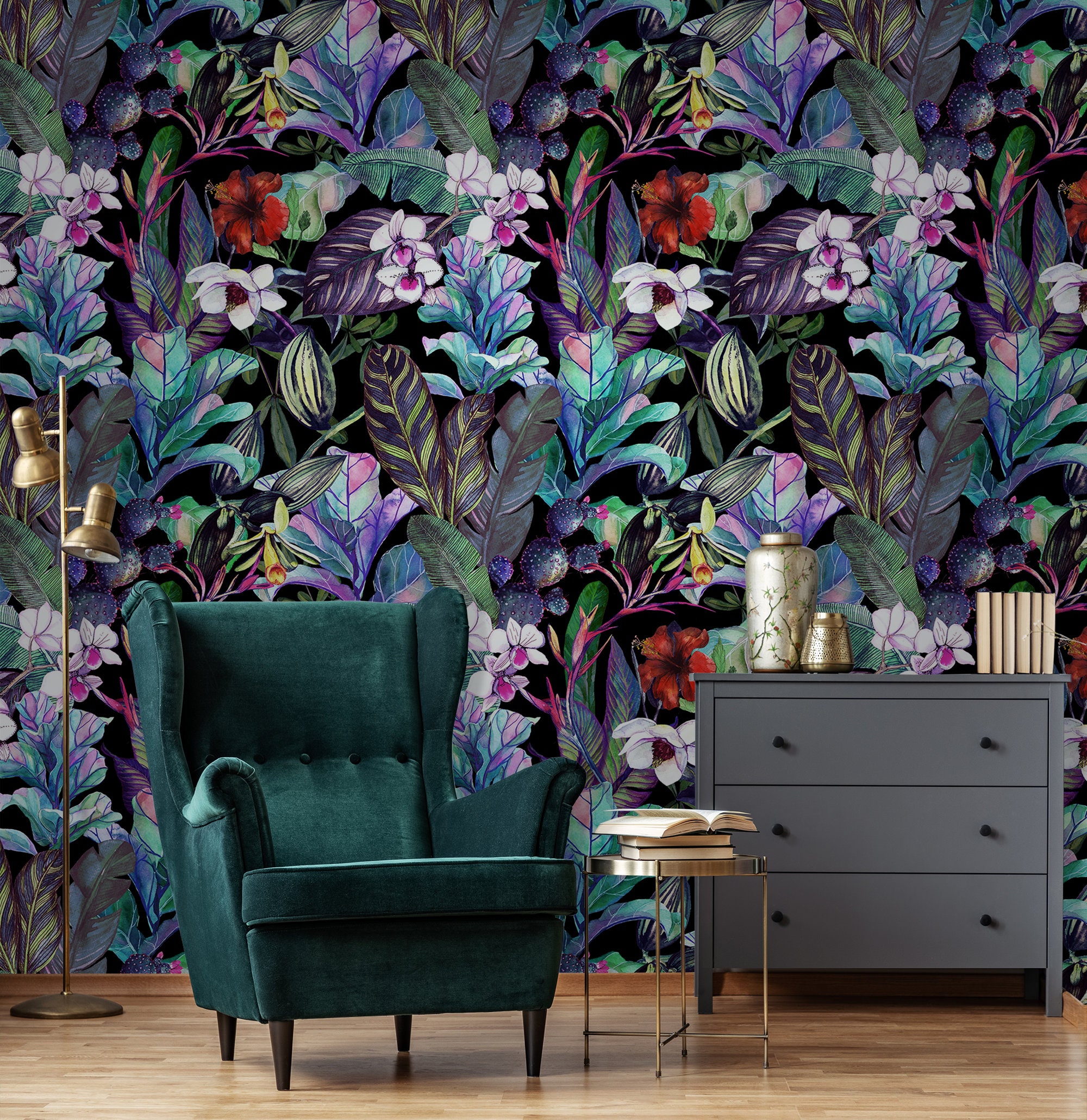 Peel and Stick Dark Tropical Wallpaper Watercolor Pattern of - Etsy