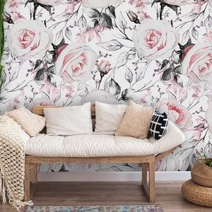 Pink rose watercolor wallpaper, self adhesive wall decal, watercolor floral clipart, removable boho wallpaper, peel and stick wallpaper