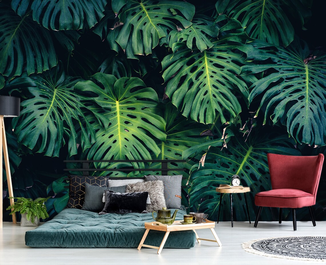Monstera Leaf Wall Mural, Peel and Stick Tropical Wallpaper, Jungle ...