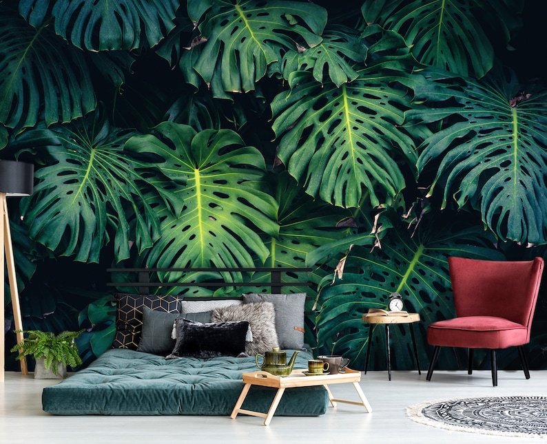 Monstera leaf wall mural peel and stick tropical wallpaper Etsy