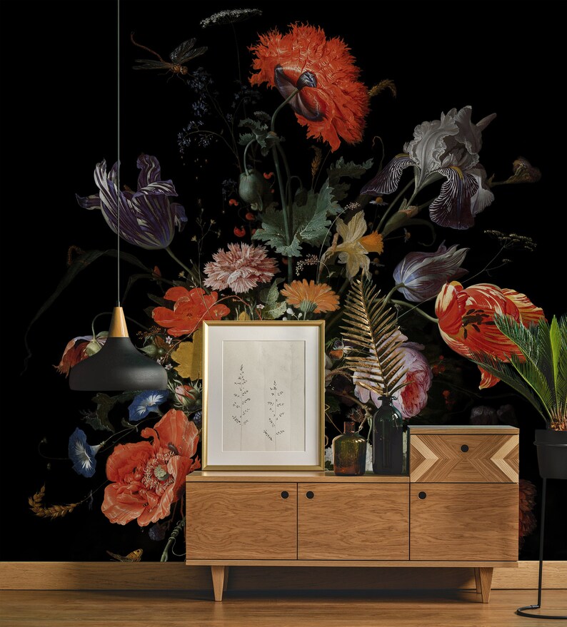 Dutch Flowers Wall Mural, Dark Floral Wallpaper, Peel and Stick Wall ...