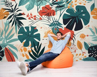 Abstract tropical leaves wall mural, plants wallpaper, self adhesive, peel and stick, removable or traditional, vinyl wallpaper