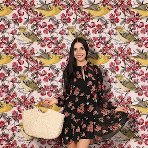 Japanese style floral wallpaper, songbird with beautiful flowers, self adhesive, peel and stick, removable or traditional, vinyl wallpaper