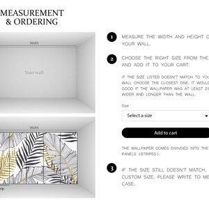 May include: A diagram showing how to measure a wall for wallpaper. The instructions include measuring the width and height of the wall, choosing the right size from the list, and adding it to the cart. The text also states that the wallpaper comes divided into panels (stripes).