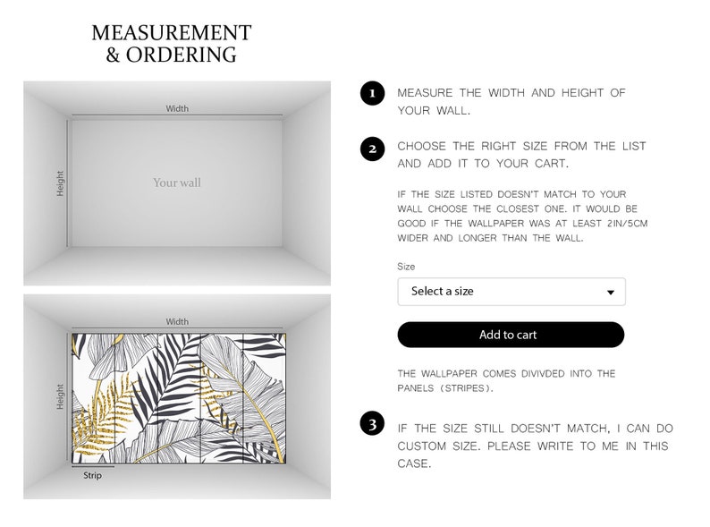 May include: A diagram showing how to measure a wall for wallpaper. The instructions include measuring the width and height of the wall, choosing the right size from the list, and adding it to the cart. The text also states that the wallpaper comes divided into panels (stripes).