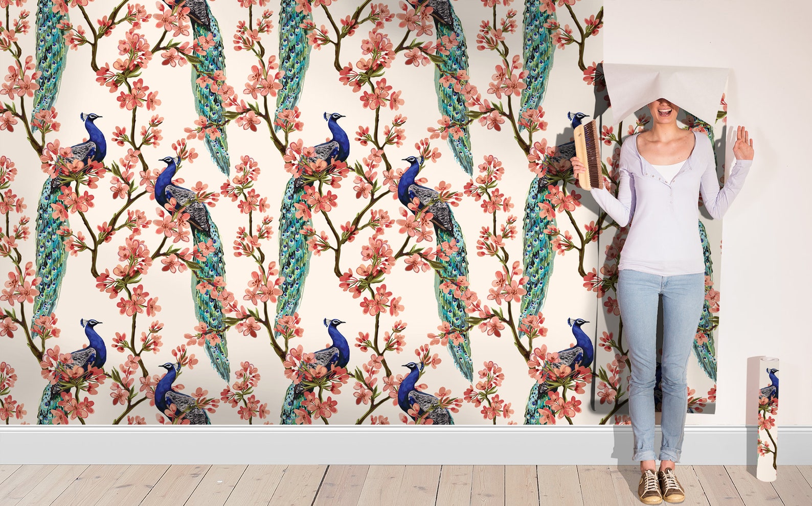 Peacock & japanese tree wallpaper peel and stick wall mural Etsy