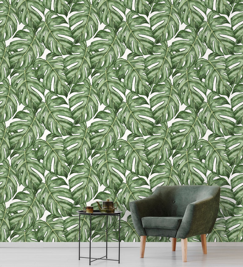 Monstera Leaf Wallpaper Peel and Stick Tropical Wall Mural Etsy