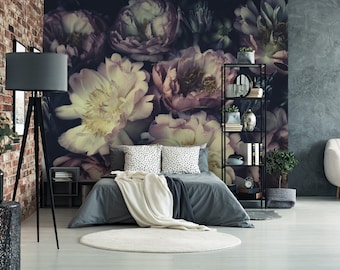 Mural de pared floral oscuro, papel tapiz despegable y pegable, decoración de pared floral, papel tapiz autoadhesivo, mural de pared temporal removible#