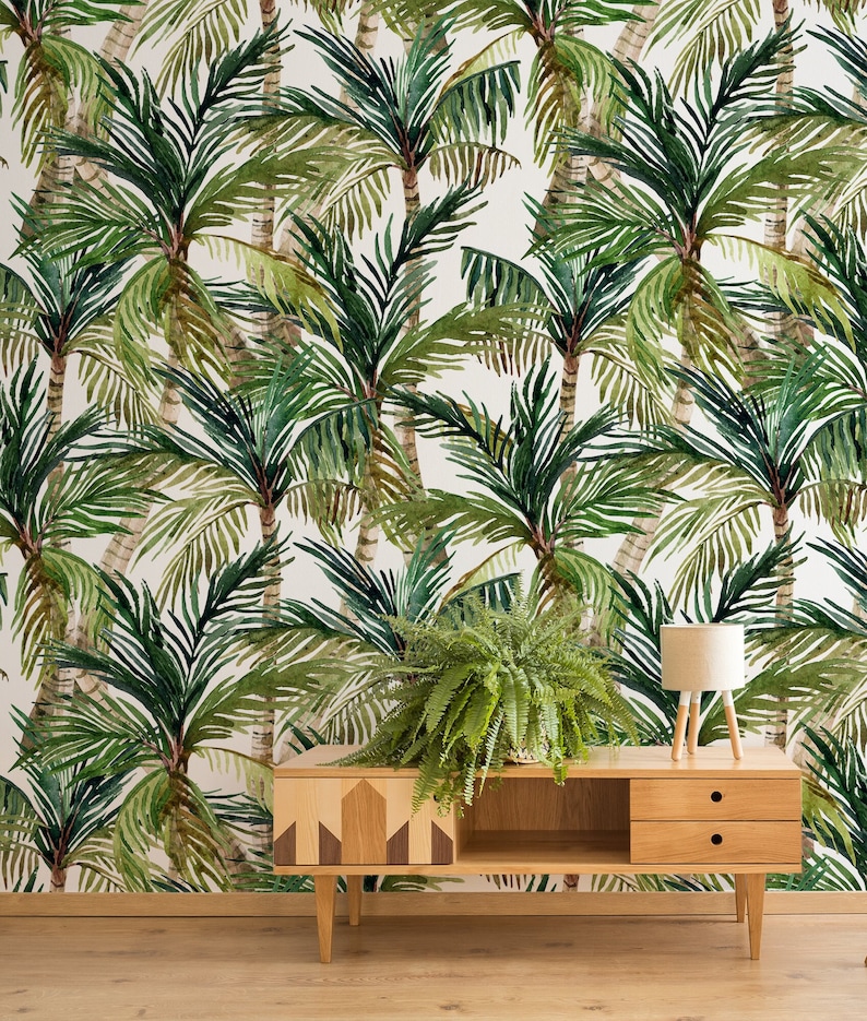 Palm Leaf Wallpaper Watercolor Tropical Wall Mural Peel and - Etsy