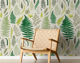 Tapete mit Farnblättern und Kräutern, Schälen und Aufkleben, botanisches Wandbild, selbstklebende Tapete, Wanddekor, temporäre Tapete