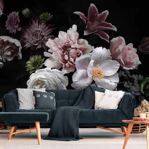 Dark floral bouquet wallpaper, peel and stick wallpaper, vintage style floral wall decor, self adhesive temporary wall mural#