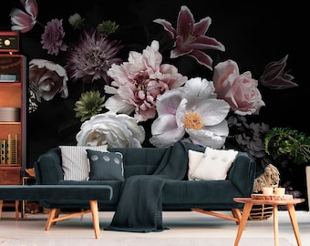 Donker bloemenboeketbehang, peel-and-stickbehang, vintage bloemenmuurdecor, zelfklevende tijdelijke muurschildering#