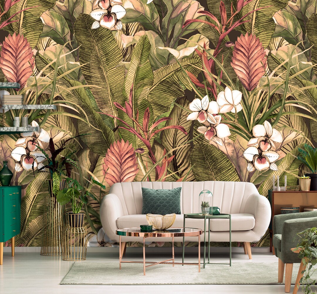 Tropical Orchid Wallpaper, Peel and Stick Wall Mural With Watercolor ...