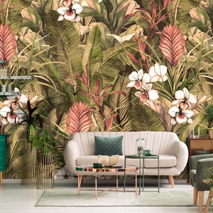 Carta da parati tropicale orchidea, buccia e bastone murale con motivo acquerello, stampa foglia, carta da parati autoadesiva rimovibile, decorazioni per la casa