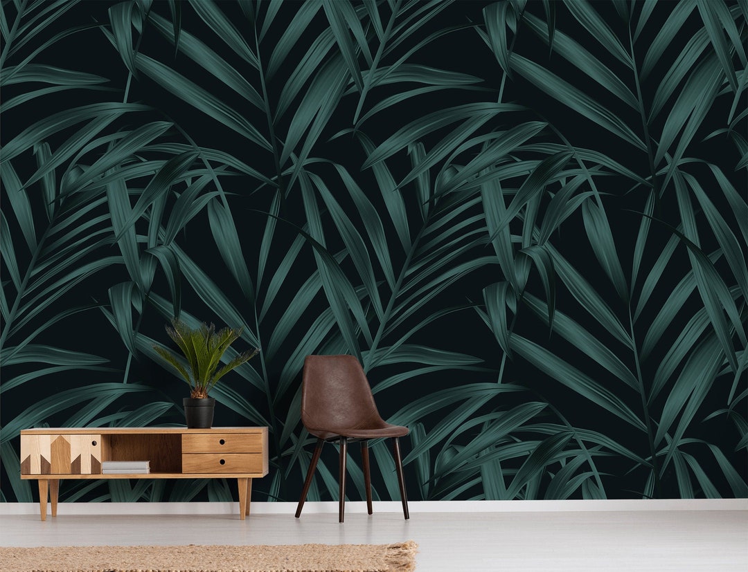 Dark Palm Leaves Wallpaper, Peel and Stick Wall Mural With Tropical ...