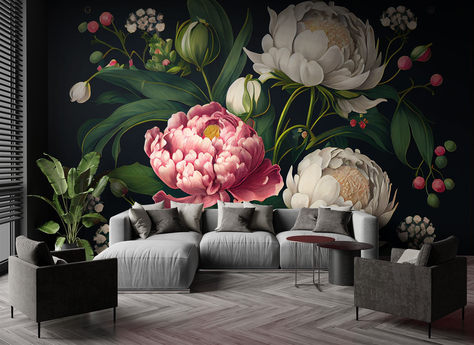 Dark Vintage Flowers Wall Mural, Peony Flowers Painting Wallpaper, Self ...