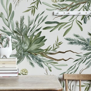 Watercolor botanical wallpaper, peel and stick, self adhesive wall mural, leaves and bouquets, botanical print, wall art, wall decor