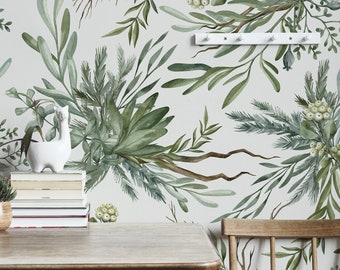 Watercolor botanical wallpaper, peel and stick, self adhesive wall mural, leaves and bouquets, botanical print, wall art, wall decor