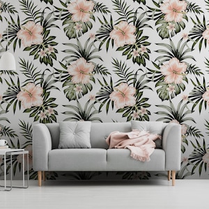 Pink hibiscus wallpaper, peel and stick floral wallpaper, self adhesive wall mural, tropical print, wall art, wall decor