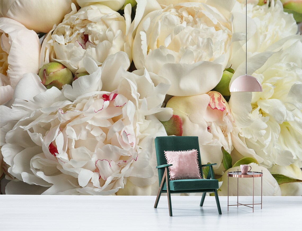 White Peonies Wallpaper Mural, Peel and Stick Wallpaper, Peony Wall ...