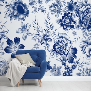 Blue spring flowers and leaves wallpaper, floral wall mural, self adhesive, peel and stick, removable or traditional, vinyl wallpaper