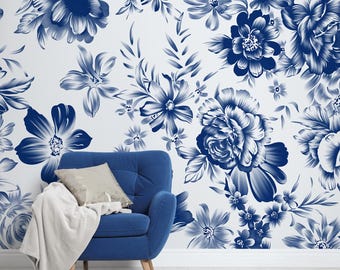 Papel pintado de flores y hojas de primavera azules, mural de pared floral, autoadhesivo, despegable y pegable, removible o tradicional, papel tapiz de vinilo