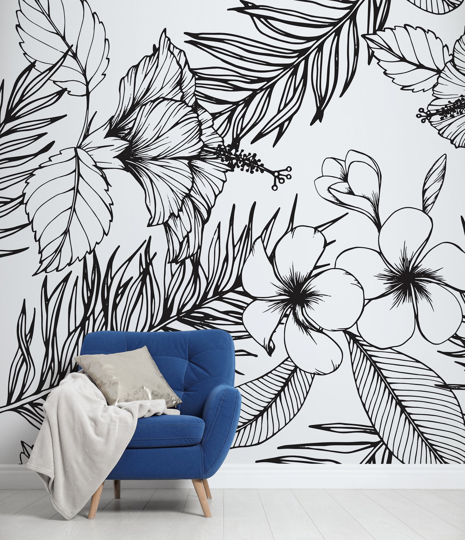 Tropical Black and White Wall Mural, Peel and Stick Removable Wallpaper ...