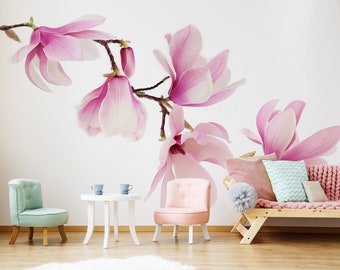 Magnolia flower wall mural, self adhesive removable wallpaper, floral art print, peel and stick wallpaper, floral wall decor