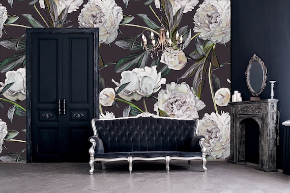 White peony wallpaper, self adhesive floral wallpaper, removable wallpaper, temporary wall decal, wallpaper roll, peel and stick wallpaper