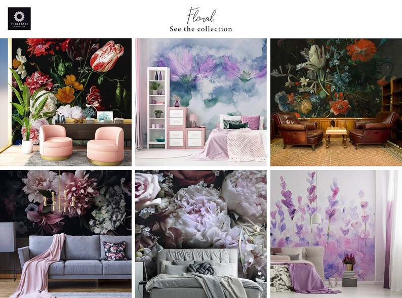 K&ouml;nnte beinhalten: Eine Collage aus sechs verschiedenen floralen Tapetenmustern. Die Designs zeigen verschiedene Blumen, darunter Rosen, Pfingstrosen und Tulpen, in Rosat&ouml;nen, Lila und Wei&szlig;. Die Tapeten werden in verschiedenen Raumsituationen gezeigt, darunter ein Schlafzimmer, ein Wohnzimmer und ein B&uuml;ro.