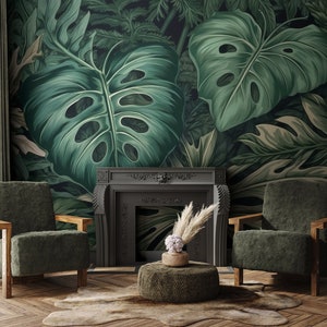 Dark tropical leaves wall mural, jungle wallpaper, leaf print, self adhesive, peel and stick, removable or traditional, vinyl wallpaper
