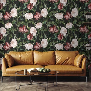 Dunkle Blumentapete, Pfingstrosen-Blumen und rote Tulpen-Tapete, selbstklebend, schälen und aufkleben, abnehmbar oder traditionell, Vinyl-Tapete
