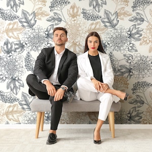 Flowers and leaves wallpaper, floral wallpaper, leaf print, self adhesive, peel and stick, removable or traditional, vinyl wallpaper