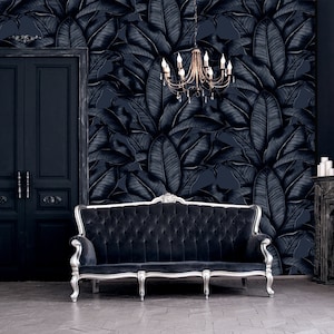 Schwarze Tapete mit Bananenblättern, selbstklebende Tapete, botanische abnehmbare Wand Wandbild, temporäre Tapete Wandbild #