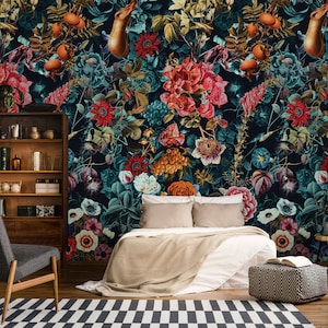 Carta da parati da giardino scuro, murale rimovibile a buccia e bastone, decorazioni floreali per la casa, carta da parati temporanea, decorazioni per la casa