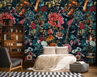 Dark garden wallpaper, removable peel and stick wall mural, floral home decor, temporary wallpaper, home decor