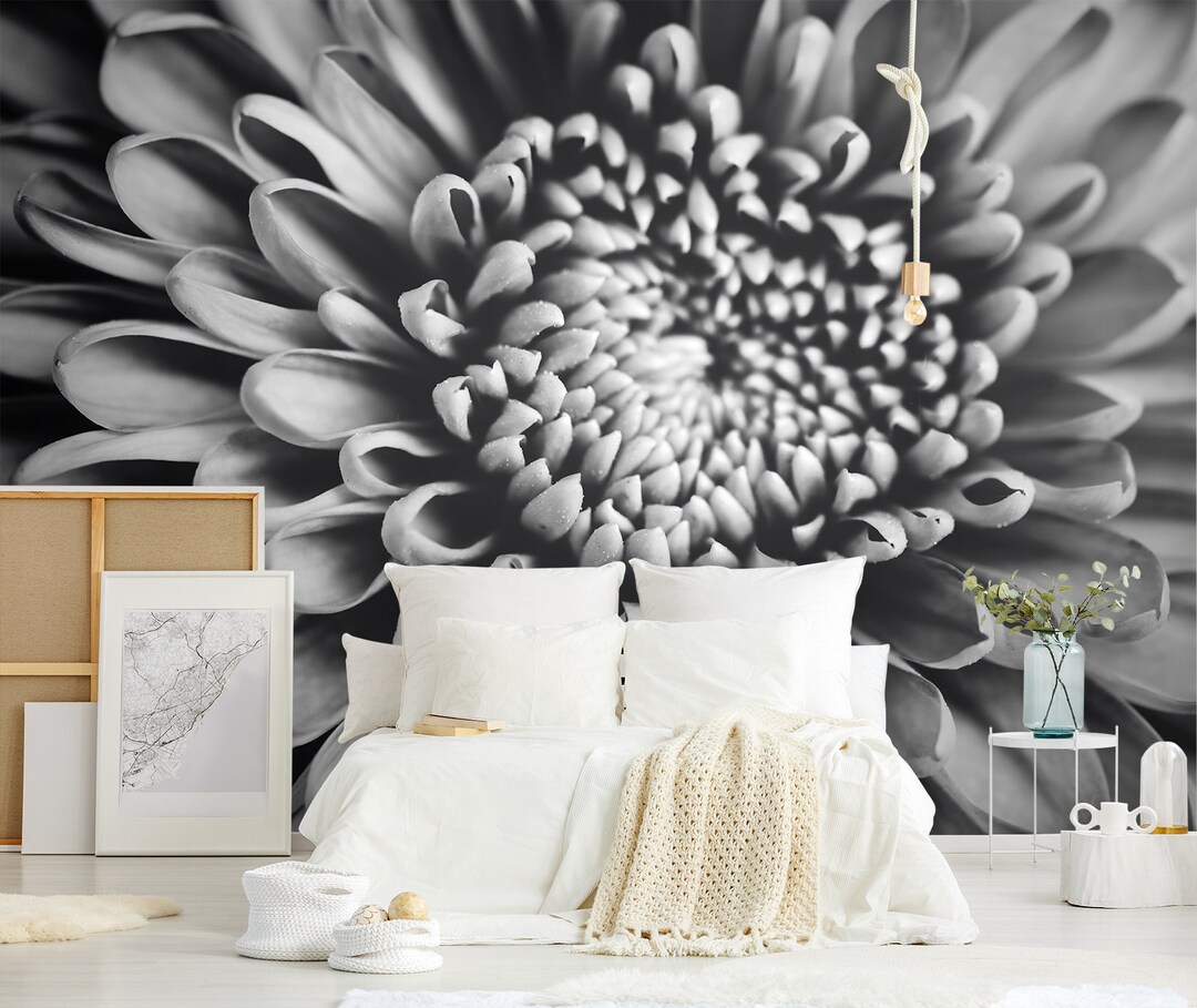 Black and White Flower Wallpaper Mural, Dark Floral Wall Decor, Self ...