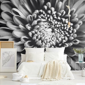 Black and white flower wallpaper mural, dark floral wall decor, self adhesive removable wallpaper, floral wall decal, home decor